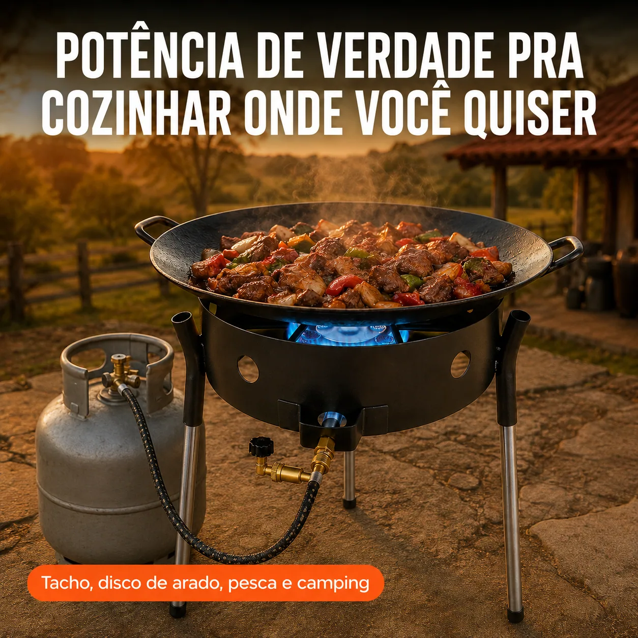 Potência de verdade pra cozinhar onde você quiser. Tacho, disco de arado, pesca e camping