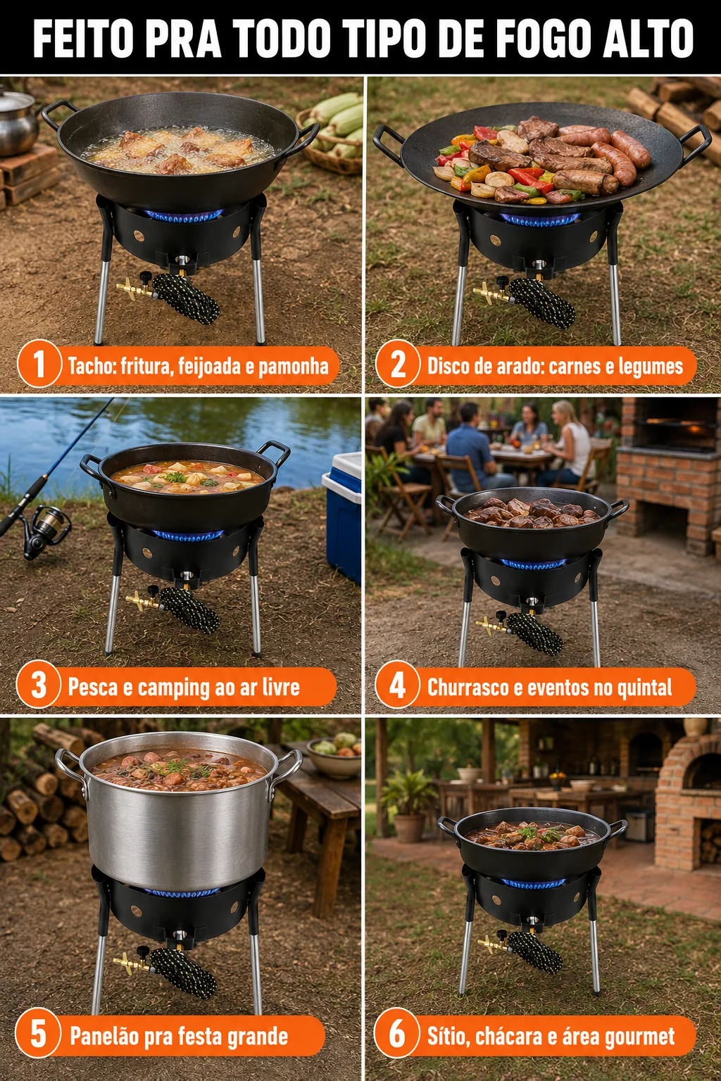 Feito pra todo tipo de fogo alto: tacho (fritura, feijoada e pamonha), disco de arado (carnes e legumes), pesca e camping ao ar livre, churrasco e eventos no quintal, panelão pra festa grande, sítio, chácara e área gourmet