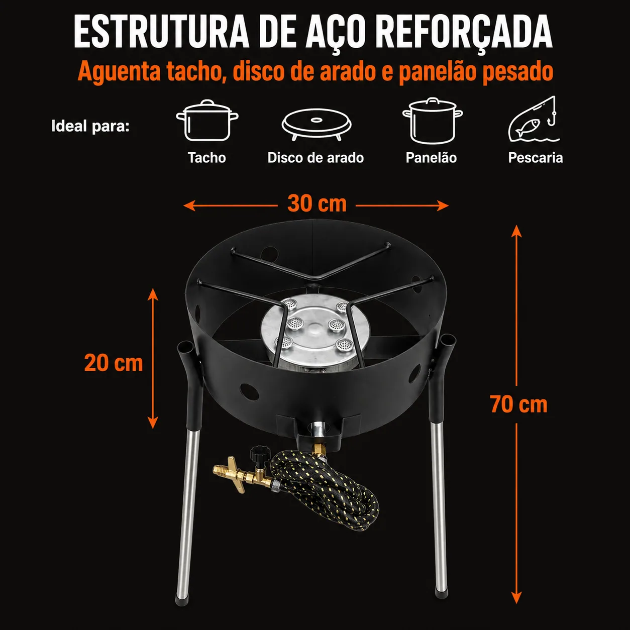 Estrutura de aço reforçada que aguenta tacho, disco de arado e panelão pesado. Ideal para tacho, disco de arado, panelão e pescaria.